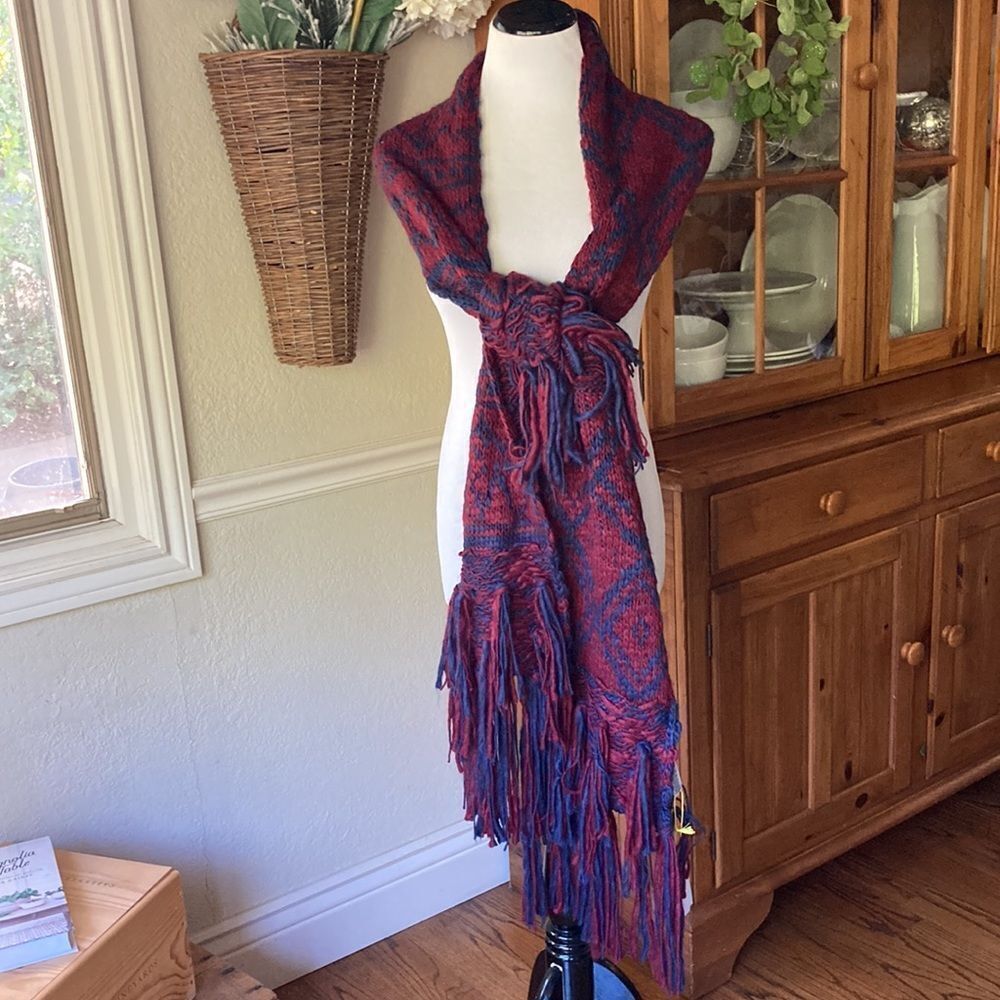BCBGeneration Red and Blue Fringed Patterned Wrap Scarf